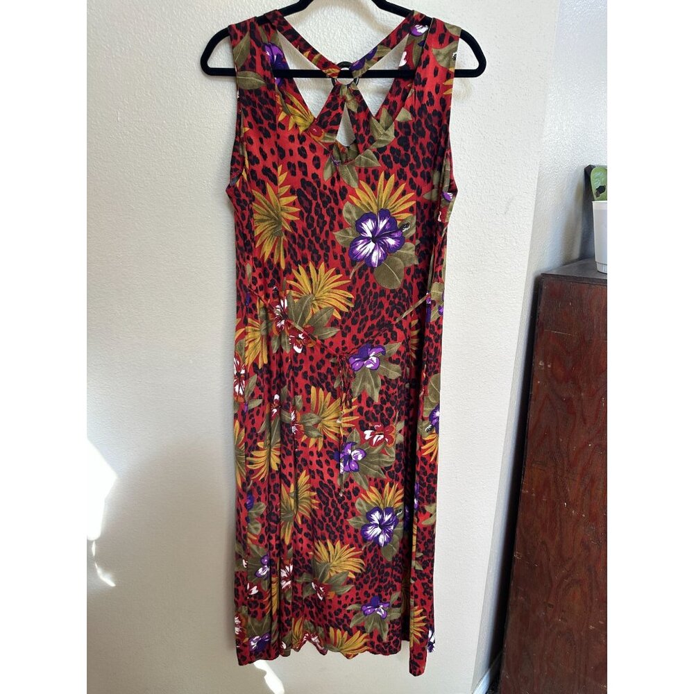 Scarlett Red Floral Leopard Print Button-Down Sleeveless 14P Rayon Maxi Dress - Picture 2 of 6